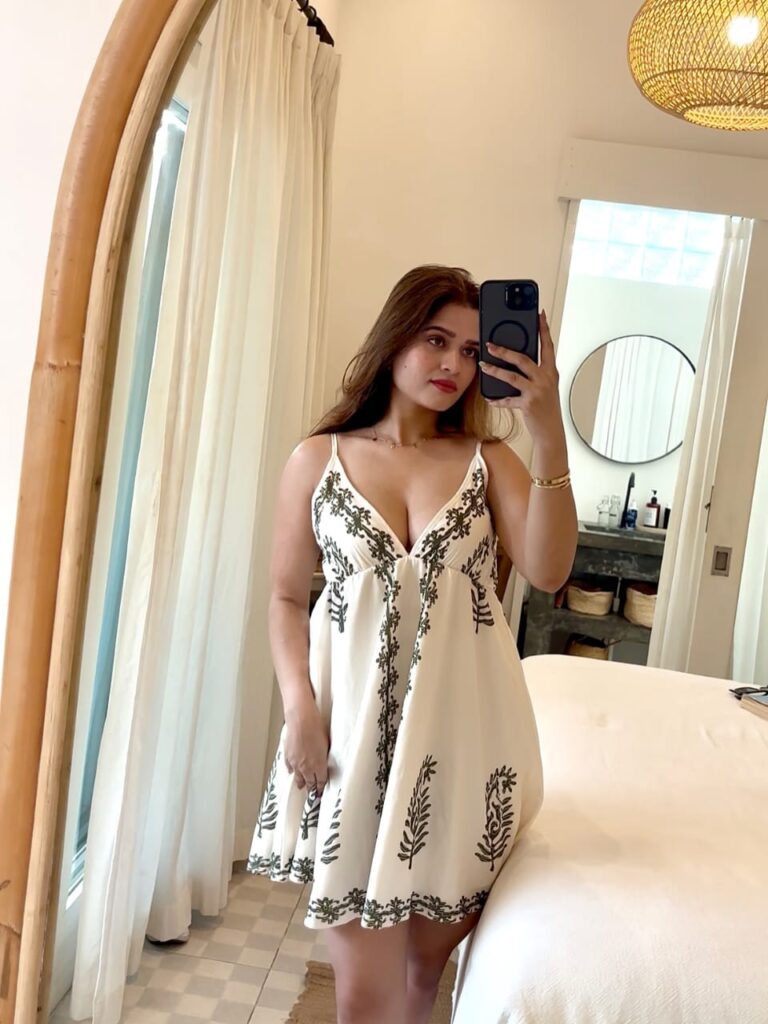woman mirror portrait in White Dress